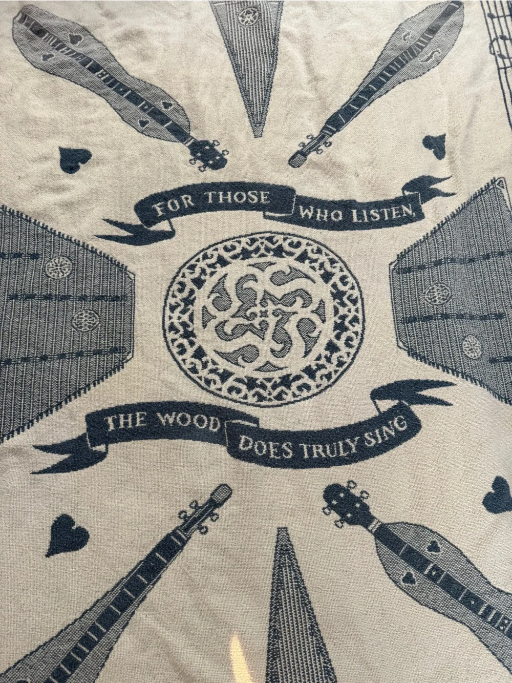 VTG RARE Music Lover Heart Pattern Fringe Tapestry Throw Blanket Navy Beige